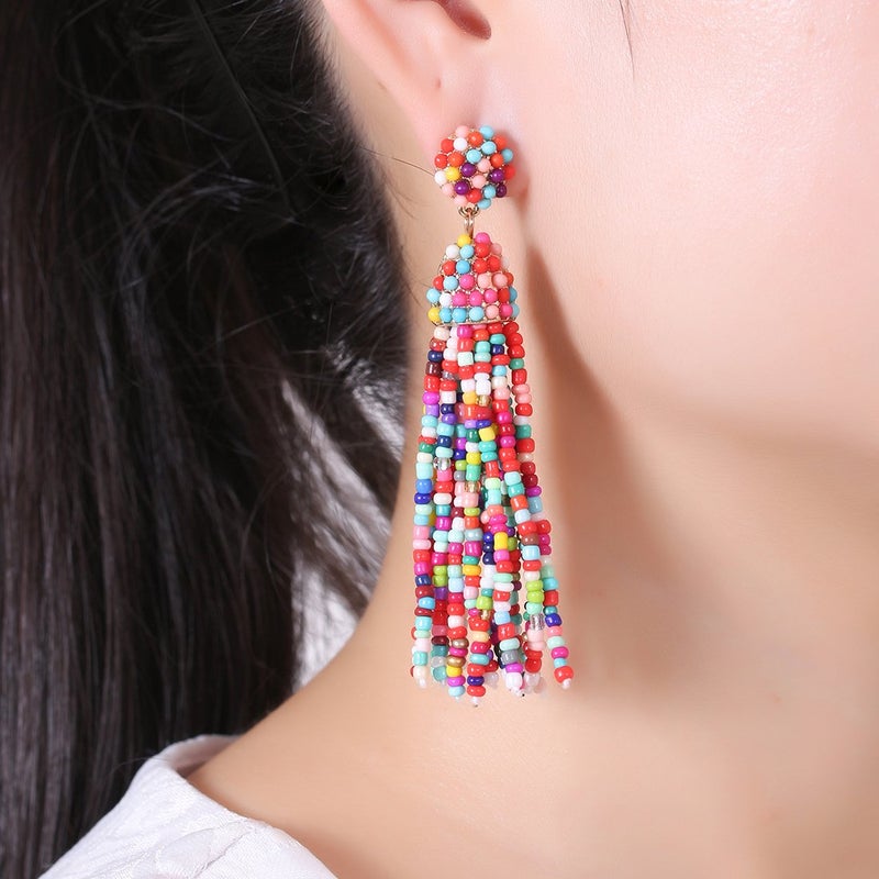 NLCAC Women's Beaded tassel alloy earrings Long Fringe Drop Earrings Dangle Confetti - Image 2